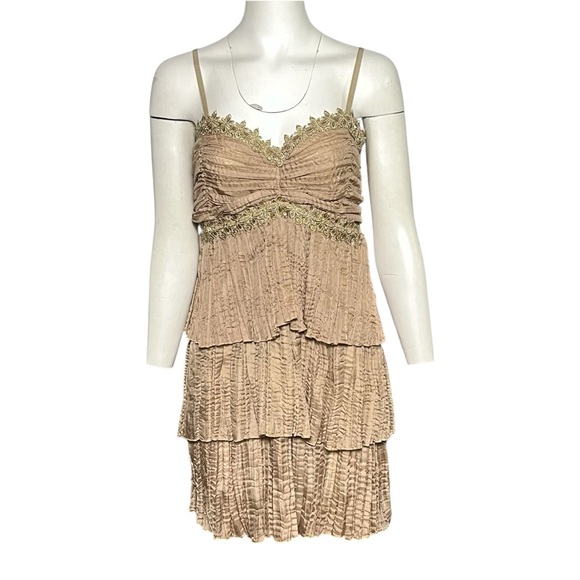 Pretty Angel Bohemian Beige Silk Blend Lace Trim Tiered Crinkle Dress Size Large - Picture 1 of 7